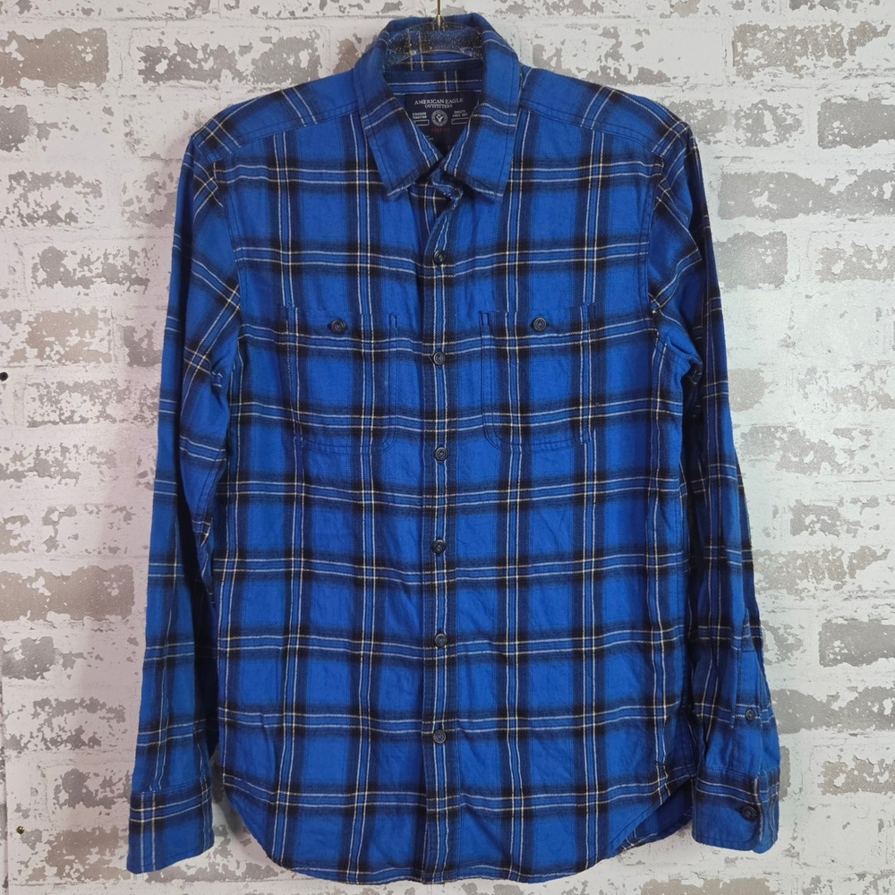 American Eagle Plaid Shirt Mens Small Blue Black Prep Fit Flannel Style Casual